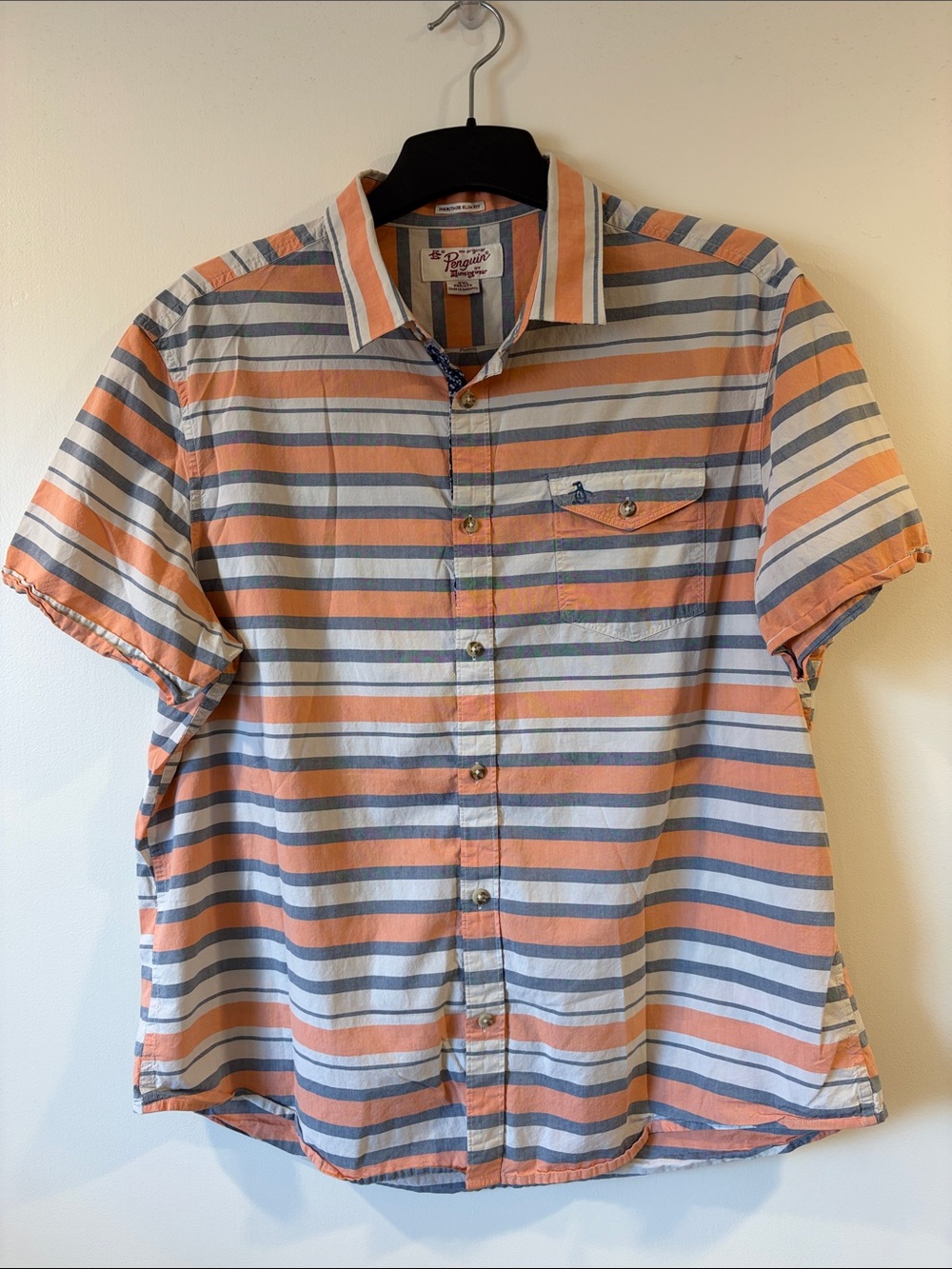Striped Short-Sleeve Button-Down Shirt - Orange & Blue
